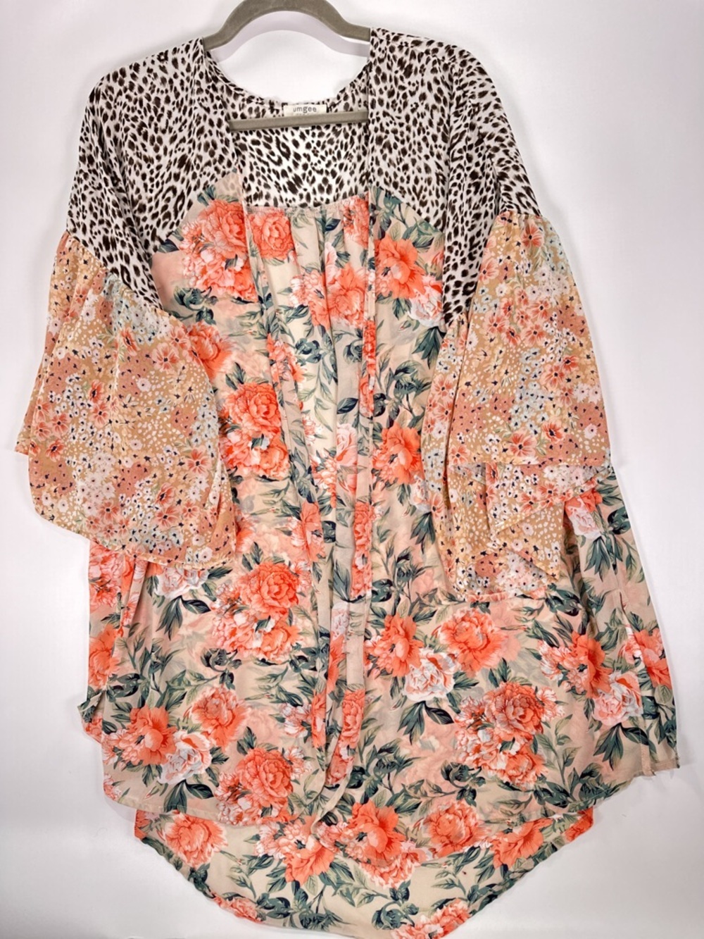 UMGEE Mixed Print Floral Leopard Open Front Kimono Cardigan Peach Cream Size M - Picture 2 of 9